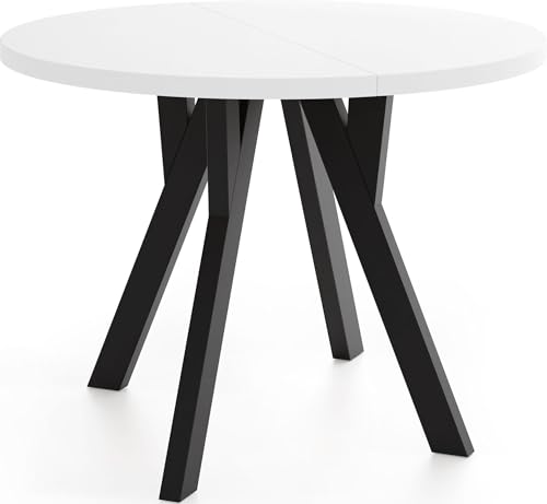 WFL GROUP Runder Ausziehbarer Esstisch im Loft-Stil – Industrieller Tisch mit Schwarzen Holzbeinen – Platzsparender Esstisch für Wohnzimmer – Weiß – 100 bis 140 cm von WFL GROUP