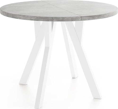 WFL GROUP Runder Ausziehbarer Esstisch im Loft-Stil – Industrieller Tisch mit Weißen Holzbeinen – Platzsparender Esstisch für Wohnzimmer – Beton Grau – 100 bis 200 cm von WFL GROUP
