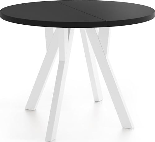WFL GROUP Runder Ausziehbarer Esstisch im Loft-Stil – Industrieller Tisch mit Weißen Holzbeinen – Platzsparender Esstisch für Wohnzimmer – Schwarz – 80 bis 160 cm von WFL GROUP