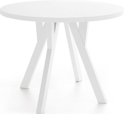 WFL GROUP Runder Ausziehbarer Esstisch im Loft-Stil – Industrieller Tisch mit Weißen Holzbeinen – Platzsparender Esstisch für Wohnzimmer – Weiß – 100 bis 200 cm von WFL GROUP