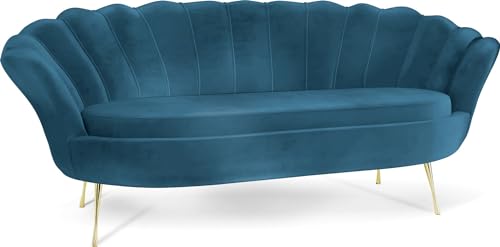 WFL GROUP Samt Muschel Sofa mit Golden oder Silber Metallbeinen - Weicher 3-Sitzer Couch für Wohnzimmer - Elegant Polstersofa Muschelform - Soft Cloud Set - Golden Beinen - Dunkelblau von WFL GROUP