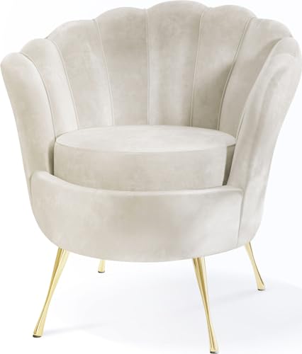 WFL GROUP Samt Sessel Muschel mit Golden oder Silber Metallbeinen - Weicher Armlehnstuhl für Wohnzimmer - Elegant Polstersessel Muschelform - Soft Cloud Set - Golden Beinen - Beige von WFL GROUP