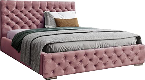 WFL GROUP Samtstoff Polsterbett Doppelbett 140x200 160x200 180x200 cm Bettgestell Mit Bettkasten Lattenrost und Gestepptes Kopfteil - Hydrophobe Stoff - Chesterfield-Stil - Rosa - 160 x 200 cm von WFL GROUP