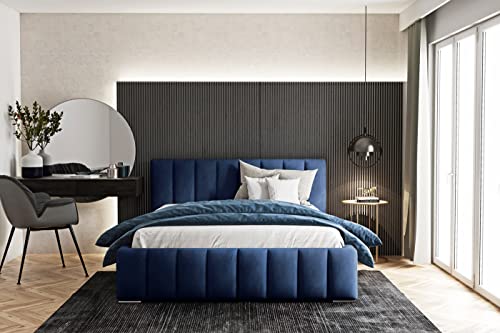 WFL GROUP Samtstoff Polsterbett Doppelbett Komplett 140x200 160x200 180x200 cm Blau Bettgestell Mit Bettkasten Lattenrost und Kopfteil - Hydrophobe Stoff - Dunkelblau - 160 x 200 cm von WFL GROUP