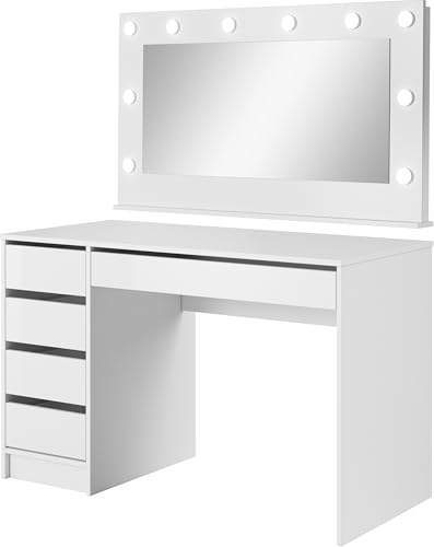 WFL GROUP Schminktisch 120 cm mit Spiegel und LED-Beleuchtung – Weiß Hochglanz, 5 Schubladen, Universell Links oder Rechts Montierbar – Frisiertisch für Schlafzimmer – Claris WFL GROUP Schminktisch 120 cm mit Spiegel und LED-Beleuchtung – Weiß Hochglanz, 5 Schubladen, Universell Links oder Rechts Montierbar – Frisiertisch für Schlafzimmer – Claris von WFL GROUP