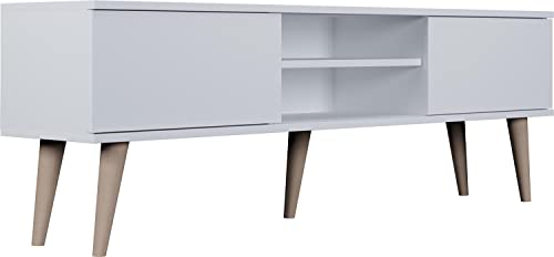 WFL GROUP TV-Schrank - Skandinavisch Fernsehtisch bis 70 Zoll - TV-Lowboard für Wohnzimmer 120 oder 160 cm - mit Holz Füße und 2 Türen - 160 cm - Weiß von WFL GROUP