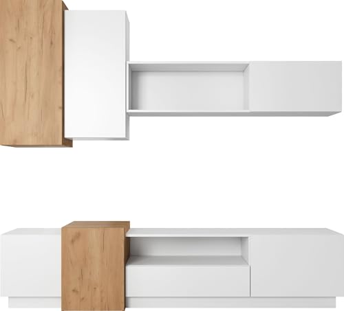 WFL GROUP Wohnwand 220 cm mit Lowboard, Hängeschränken und Regal – Wandregal-Set in Weiß Matt und Craft Eiche Hellbraun – Wohnzimmermöbel mit Stauraum – Skandi Design – GRIDA von WFL GROUP