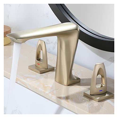 Brush Gold Waschtischarmaturen Messing Badezimmer 8'Waschtischarmatur Weit verbreiteter 3-Loch-Badezimmerwaschtischmischer Einzigartiges Design (Color : Brush Gold) von WFNKJTGO