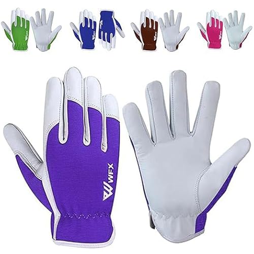WFX Leder-Arbeitshandschuhe für Gartenarbeiten, atmungsaktiv, dornensicher, Handflächenbau, strapazierfähig, Gartenhandschuhe, Damen und Herren, Gripper Utility (Lila, S) von WFX