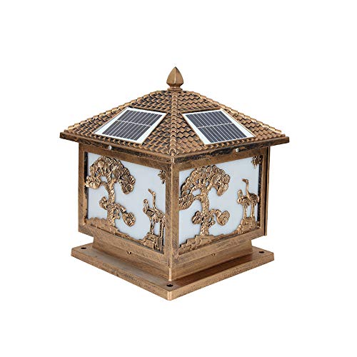 Chinesische Art Big Tree Pattern Solar Post Light Vintage Bronze Square Post Lampe Einfache Installation und intelligente Lichtsteuerung Säulenleuchte für Garagentor Terrasse Garten Säule Lampe von WFZRXFC