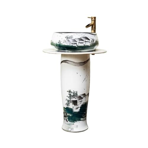 Freistehendes Waschbecken Badezimmer-Waschbecken mit Sockel, bodenstehendes Keramikwaschbecken Wasserhahn und Abflussset for drinnen draußen von WFchenj222-6