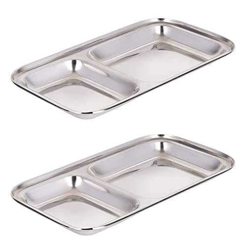 Indische Thali 100% Edelstahl geteilte Tabletts mit 2 Fächern, rechteckige Schale für den täglichen Gebrauch, ideal zum Servieren von Lebensmitteln, Obst, Snacks, Partys, Camping (2) von WG Inc. von WG inc