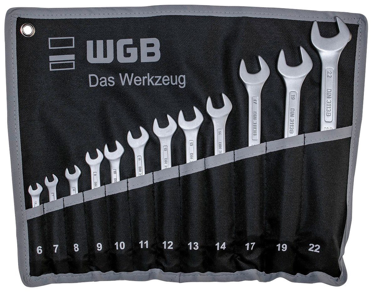 WGB BASIC PLUS Gabel- und Ringschlüssel Ringmaulschlüssel-Satz (Set, 12 St), Chrom-Vanadium Stahl, verchromt, Ringseite gekröpft, in Rolltasche von WGB BASIC PLUS