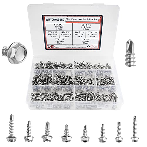 WMYCONGCONG 240 PCS Edelstahl # 8# 10 Sechskant-Unterlegscheibenkopf Selbstbohrende Blech-Tek-Schrauben Sortiertes Kit (Sechskantkopf) von WMYCONGCONG