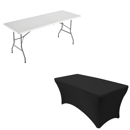 WGCTEK 1,8 m Kunststoff-Klapptisch mit schwarzer Tischdecke, tragbarer Picknicktisch im Freien für Camping, Party, Hochzeit, Picknick mit Schloss, Griff - Weiß von WGCTEK