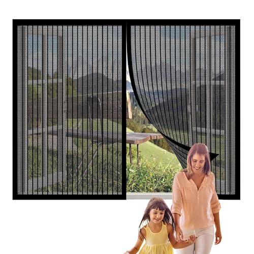 Fliegengitter Fenster 156 x 80 cm Insektenschutz Fliegenschutz Fenster Mückengitter Ohne Bohren mit Selbstklebendes Klettband für Verschiedene Französische Fensteren, Schwarz von WGLF SUN