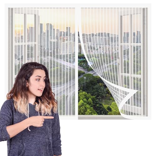 Fliegengitter Fenster Magnet von Innen 137 x 210 cm Insektenschutz Polyester Atmungsaktiver Masche Ohne Bohren Einfach zu Montieren für Verschiedene Französische Fensteren, Weiß von WGLF SUN