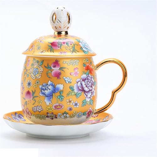 WGQDQDBY Blumige Keramik-Teetasse mit Deckel Emaille Bürobecher Tee-Ei Tasse-Gold-400ml von WGQDQDBY