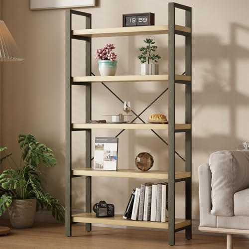 WH-AOERPUMY Etagere Bücherregal aus echtem Massivholz, rustikales Vintage-Industrie-Bücherregal, Metall- und holzfrei, Retro-Bücherregal, Braun (echtes Holz) (5-stöckiges Echtholz) von WH-AOERPUMY