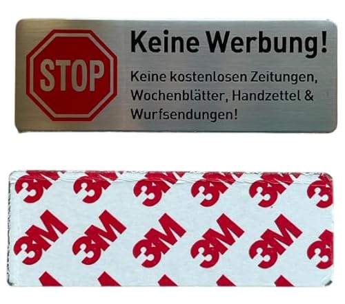 Edelstahl-Türschild 'Keine Werbung', Stop-Symbol, Briefkastenschild, Selbstklebend 85x30 mm (2 Stücke / 2 pcs) von WH Edelstahl