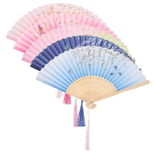 WHAMVOX 5 Stück Faltbare Handliche Chinesische Fächer aus Seidenstoff mit Blumenmuster Dekorative Faltbare Ventilatoren für Hochzeit Tanz Party und von WHAMVOX