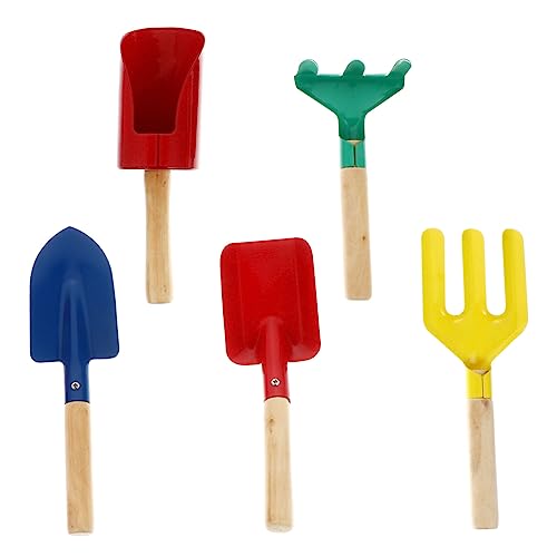 WHAMVOX 5 Stück Teiliges Gartengeräte Set mit Holzgriff Leichtes Gartenwerkzeug für Mädchen und Jungen Schaufel und Rechen für Blumen Gemüsepflanzung im Freien Zufällige Zufällige Farbe von WHAMVOX