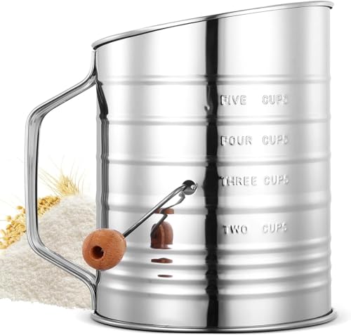 WHAPELQ Mehlsieb, Mehlsieb Sieb Edelstahl 5 Tasse Drehbar Handkurbel Mehlsieb Cup Machen Mehl fein für Mehl, Zucker, Zimt, Gewürzpulver Silber 1 Stück von WHAPELQ