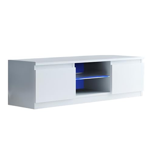 WHATSIZE ENTERPRISE Designer-Sideboard mit LED-Lichtern, TV-Schrankständer, Sideboard, Unterhaltungseinheit mit schwebenden Glasablage und hochglänzenden Klapptüren, Büro oder Schlafzimmer, Weiß von WHATSIZE ENTERPRISE