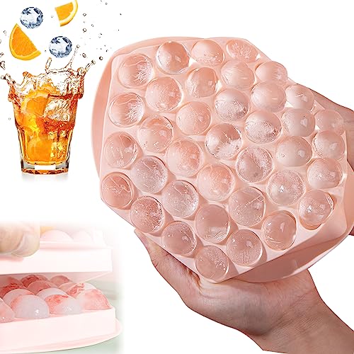 Eiskugelform Silikon Eiswürfelform mit Deckel, 37-Fach Eiskugelform BPA-Frei Eiswürfelbehälter Mit Ablaufloch, Ice Cube Tray Eiswürfel Kugel Für Getränke, Whisky, DIY, Fruchteiswürfel, Rosa von WHC