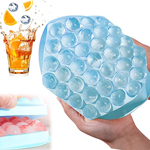 Eiskugelform Silikon Eiswürfelform mit Deckel, 37-Fach Eiskugelform BPA-Frei Eiswürfelbehälter Mit Ablaufloch, Ice Cube Tray Eiswürfel Kugel Für Getränke, Whisky, DIY Projekte, Fruchteiswürfel - Blau von WHC