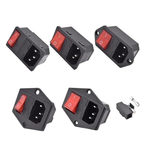 WHDESKVR 5 Sätze 3-poliger Netzkabelstecker IEC 320 C13 C14 Adapterbuchse 10A Sicherung Rotlicht-Wippschalter(AC-01B-1) von WHDESKVR