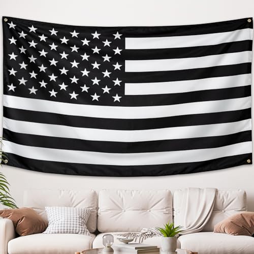 WHGJ Schwarz-weiße amerikanische Flagge, Wandteppich, USA-Flagge, strapazierfähiges 200D-Polyester, Hippie-Wandbehang, Dekor für Wohnheim, Wohnzimmer, College, Schlafzimmer, drinnen und draußen, 152,4 von WHGJ