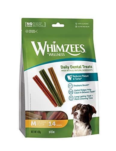 WHIMZEES by Wellness Stix, Kaustangen für mittelgroße Hunde, Hundesnack zur Zahnpflege, Größe M, 14 Stück, ohne Zuckerzusatz, getreidefrei, natürlich, fettarm von WHIMZEES