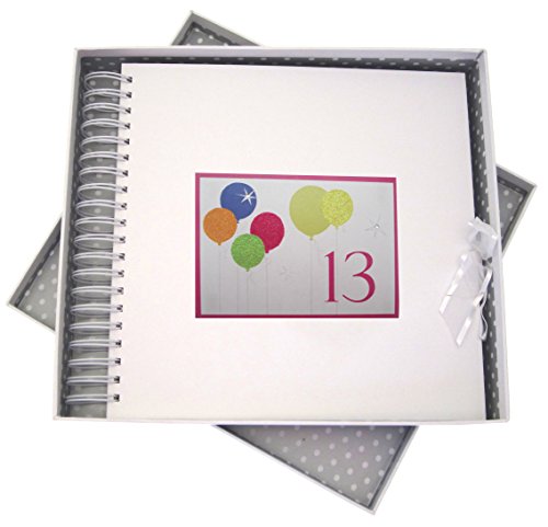 WHITE COTTON CARDS 13. Geburtstag Karte und Erinnerungsbuch mit Neon Glitter Luftballons, weiß von WHITE COTTON CARDS