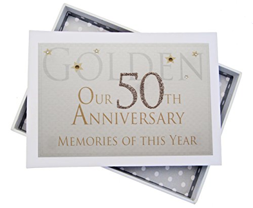 WHITE COTTON CARDS Erinnerungsalbum zum 50. Goldenen Hochzeitstag, kleines Album, Glitzer und Worte, Holz, weiß, 12.5x17.5x2.5 cm von WHITE COTTON CARDS