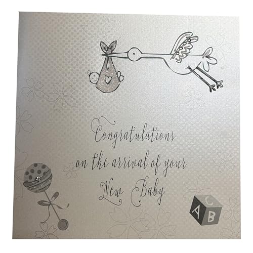 WHITE COTTON CARDS Code xlstork Congratulations on The Arrival of Your Baby handgefertigt groß New Baby Karte Storch, Silber von WHITE COTTON CARDS