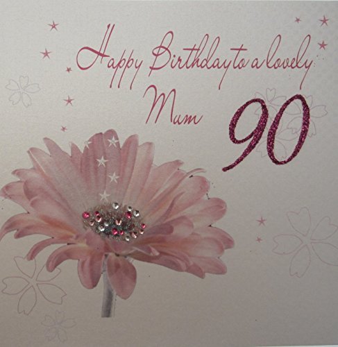 WHITE COTTON CARDS DS25 Glückwunschkarte zum 90. Geburtstag für eine schöne Mutter, handgefertigt, rosa Gerbera-Blume, englische Aufschrift, weiß, 16cm x 16cm von WHITE COTTON CARDS