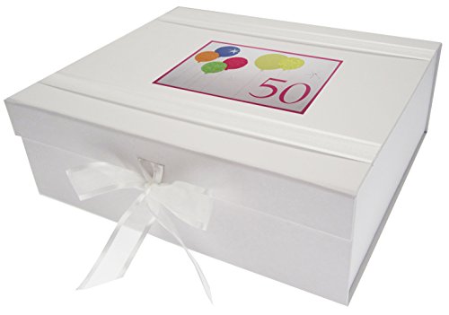 WHITE COTTON CARDS Erinnerungsbox zum 50. Geburtstag, groß, glitzernde Luftballons, Holz, weiß, 27.2 x 32 x 11 cm von WHITE COTTON CARDS