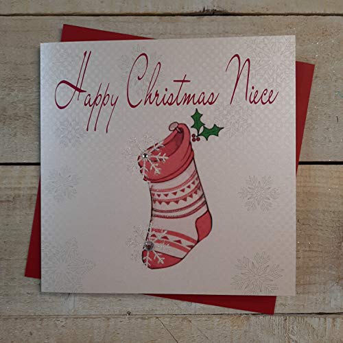 WHITE COTTON CARDS Happy Christmas Nichte, handgefertigt, in rosa Weihnachtsstrumpf Design von WHITE COTTON CARDS