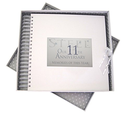 WHITE COTTON CARDS Karte und Erinnerungsbuch zum 11. Jahrestag aus Stahl, mit Glitzer und Wörtern, Holz, weiß, 27x30x4 cm von WHITE COTTON CARDS