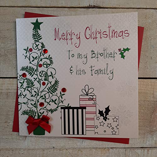 WHITE COTTON CARDS Weihnachtskarte mit Aufschrift Merry Christmas to My Brother & His Family, handgefertigt (Baum und Geschenke, Code fp45), Baumwolle, weiß, 16cm x 16cm von WHITE COTTON CARDS