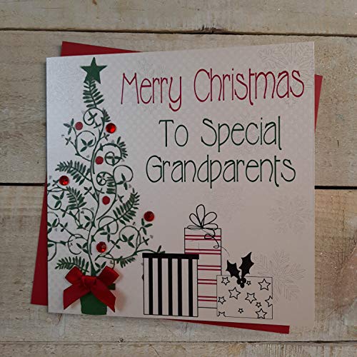 WHITE COTTON CARDS Merry Christmas to Special Grandparents, handgefertigt, in Baum und Presents Design von WHITE COTTON CARDS