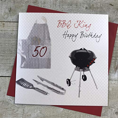 WHITE COTTON CARDS SB 7-127.00 cm BBQ King, 50 Happy Birthday, zum 50. Geburtstag, handgemacht, Weiß von WHITE COTTON CARDS