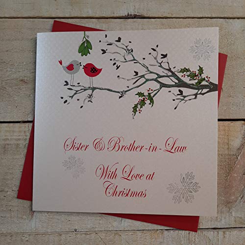 WHITE COTTON CARDS Weihnachtskarte für Schwester & Bruder mit Liebe zu Weihnachten, handgefertigt. (Rotkehlchen im Baum, Code xx14-109), Baumwolle, weiß, 16cm x 16cm von WHITE COTTON CARDS