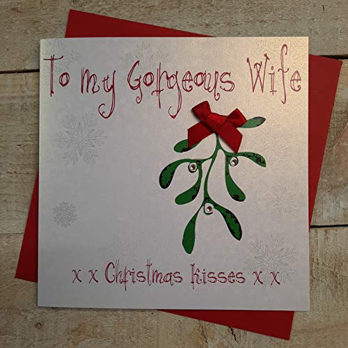 WHITE COTTON CARDS Weihnachtskarte mit Aufschrift to My Gorgeous Wife xx Christmas Kisses, handgefertigt (Mistelzweig), weiß, 16cm x 16cm von WHITE COTTON CARDS