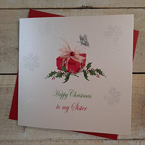 WHITE COTTON CARDS X123 Weihnachtskarte mit Aufschrift Happy Christmas Sister, handgemacht, Geschenk-Motiv, Weiß von WHITE COTTON CARDS