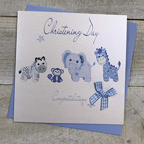 WHITE COTTON CARDS blau Toys Christening Day Taufe Karte, handgefertigt, Weiß von WHITE COTTON CARDS