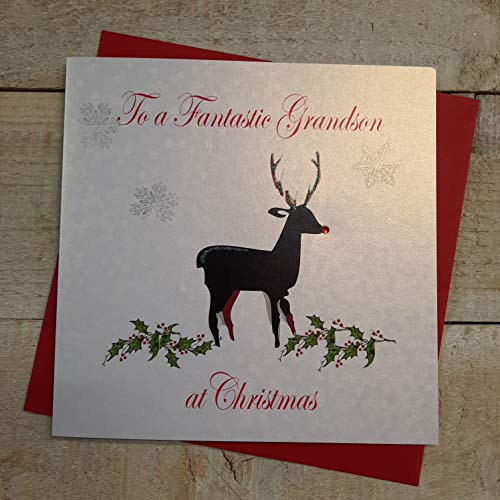 WHITE COTTON CARDS to a Fantastic Grandson zu Weihnachten handgefertigt schwarz Rentier Karte von WHITE COTTON CARDS