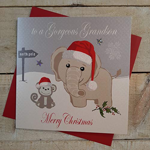 WHITE COTTON CARDS to a Gorgeous Grandson Merry Christmas handgefertigt Elefant und AFFE Karte von WHITE COTTON CARDS
