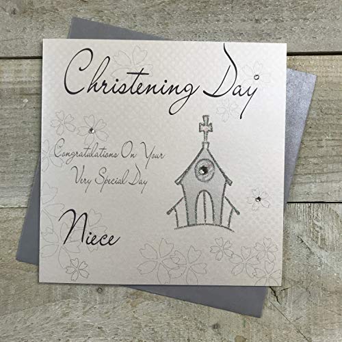 WHITE COTTON CARDS wb46 C-n Silber Kirche, Taufe Tag Nichte Congratulations Taufe Karte, handgefertigt, Weiß von WHITE COTTON CARDS